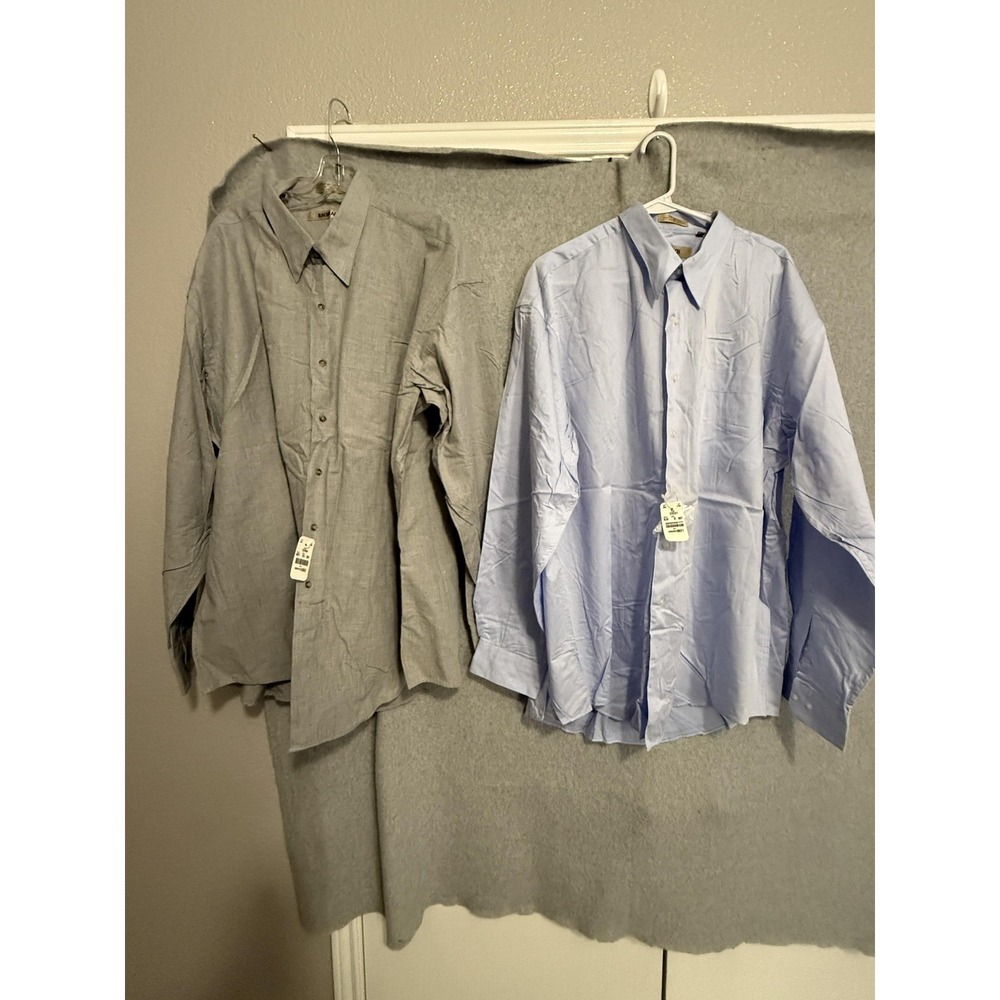 Bachrach Dress Shirt‎ Mens 18.5 36/37 Long Sleeve Blue Grey Cotton Linen 2 Piece